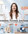 Woman holding Cordless Desk Lamp With 3600mAh Rechargeable Battery, foldable for easy portability in bags and small spaces.