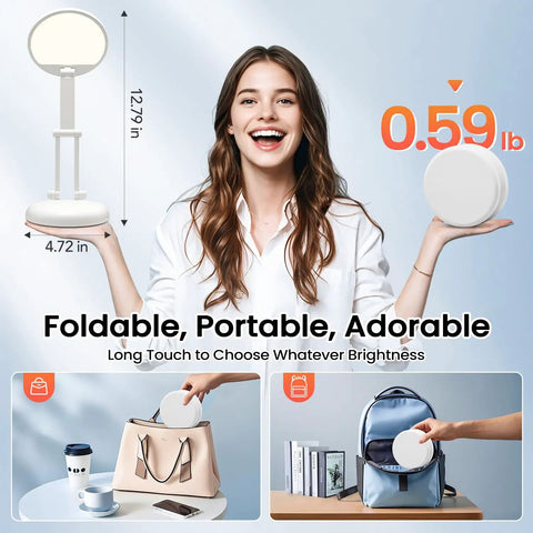 Woman holding Cordless Desk Lamp With 3600mAh Rechargeable Battery, foldable for easy portability in bags and small spaces.