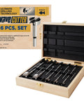 Badass 16 Piece Wave Cutter Forstner Bit Set With Slick Patented Geometry For Dead On Accuracy And Splinter Proof Woodworking Holes In Rugged Custom Wooden Storage Box displayed in a wooden case.