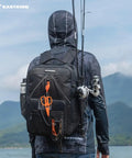 Back view of KarryAll KastMate Fishing Tackle Backpack Water Resistant Tackle Bag With 2 Rod Holders worn by person facing mountains
