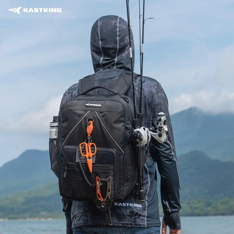 Back view of KarryAll KastMate Fishing Tackle Backpack Water Resistant Tackle Bag With 2 Rod Holders worn by person facing mountains