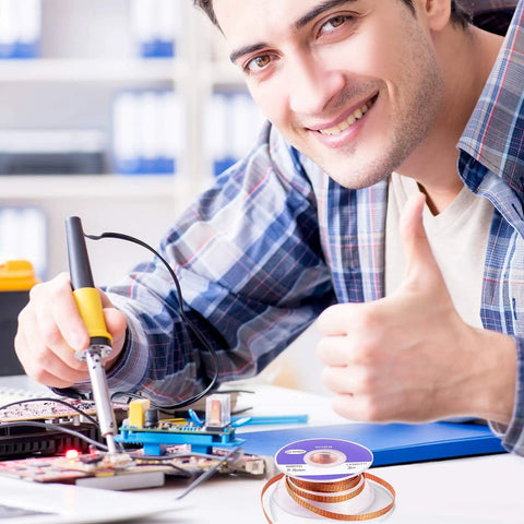 Technician using Pro Grade No Clean Braided Desoldering Wick For Solder Removal, Copper Wire Wick, 0.1 Inch Width By 3 Meter Length