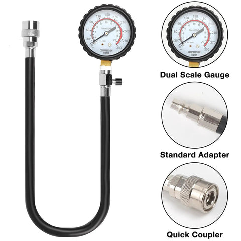Pro Grade Deluxe Compression Test Kit For Gasoline Engines With Dual Scale Gauge shown with standard adapter and quick coupler