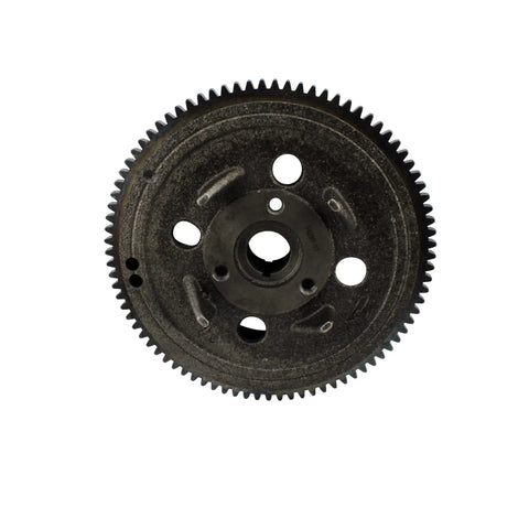 Upgrade Your Ride With This Hella Reliable Flywheel For Polaris Ranger 500 Crew Efi 2006 2013 Plug And Play Oem Stator Kit With Integrated Magnets Heavy Duty Performance Upgrade - close-up view of black flywheel with holes and gear teeth.