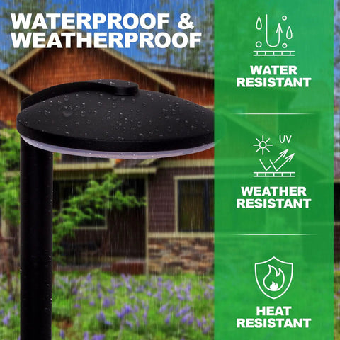 Modern Aluminum Low Voltage Path Lights Kit For Outdoor Walkways And Gardens, Black Finish, showing waterproof feature.