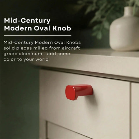 Hella Sleek Oval Cabinet Knobs Made From Solid Aluminum With A Top Shelf Matte Red Finish For Modern Kitchen And Bathroom Drawers, close-up view.