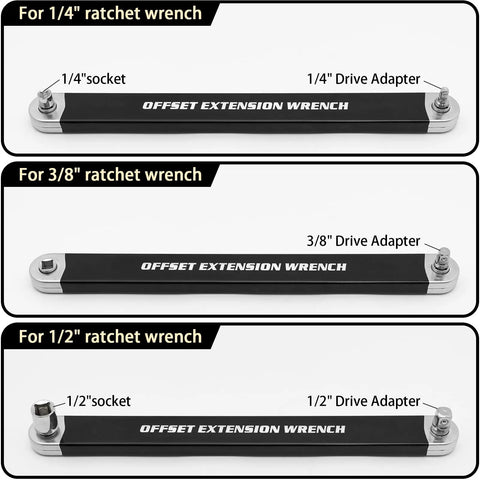 Offset Extension Wrench Kit With Half Inch, Quarter Inch And Three Eighth Inch Square Drive Adapters for tight spots.