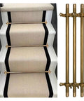 Upgrade Your Stairs With These Vintage Brass Adjustable Rods That Keep Carpet Runners Secure And Slip-Proof For A Super Chic Classic Look That Nails The Home Decor Vibe While Making Every Step Safer And More Stable In Any Entrance. 3 brass stair rods on carpet runner
