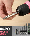 Close-up of pink 8V cordless drill with accessory bit being attached, showcasing the 43-piece accessory bundle for woodworking.