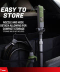 Heavy Duty Fuel Transfer Pump With Slick Quick Flow Control Nozzle And 10 FT Vinyl Discharge Hose stored compactly in a vehicle.