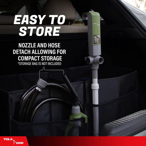 Heavy Duty Fuel Transfer Pump With Slick Quick Flow Control Nozzle And 10 FT Vinyl Discharge Hose stored compactly in a vehicle.