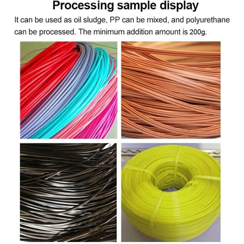 Colorful plastic wire samples including pink, copper, black, and yellow for Smooth Running Desktop Filament Extruder Turn Abs Pla Petg Tpu Plastic Scraps Into 1.75 Mm 3D Printing Wire Nifty Squeeze Gear With Killer Precision Die For Weekend Makers.
