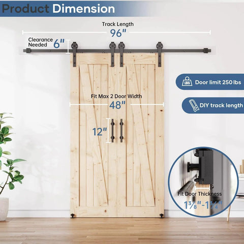 Double Sliding Barn Door Hardware Track Kit With Industrial Spoke Wheel Handle, Wall Mount Black Finish, 96 Inch Track