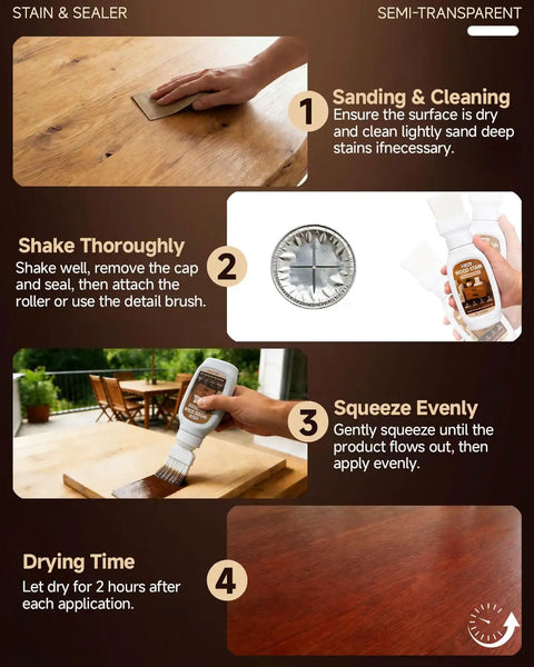 Real Talk Teak Wood Stain And Sealer In One With Built In Brush steps for use including sanding, shaking, applying, and drying.