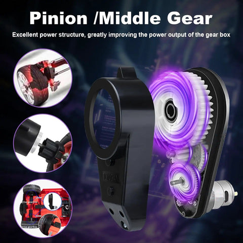 Close-up of Two Pack 24V RS555 Upgrade Motor Gearbox Kit For Ride On Cars High Speed 40000 RPM with gear mechanism