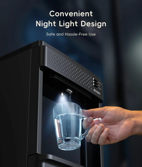 Person using the night light feature on a 4 In 1 Water Dispenser With Ice Maker, Hot And Cold Water Cooler, Bottom Loading.