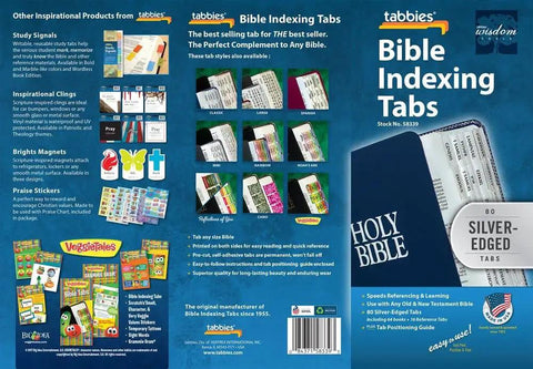 Super Crisp Silver Edge Bible Tabs For Old And New Testament Includes Eighty Durable Sticky Index Markers Dual Printed Design on box cover.