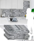 Dark Grey Faux Slate PVC 3D Wall Panels Pack Of 10 For Quick Easy Accent Wall Makeover Each Panel Measures 3.3 Ft By 1.7 Ft 98 Cm By 50 Cm 5.61 Sq Ft Coverage Rustic Textured Interior Design Paneling shown in modern kitchen setting.