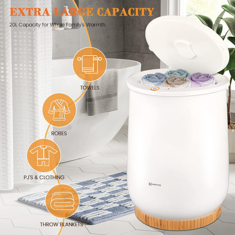 Ultra Large Bucket Towel Warmer For Bathroom With Auto Shut Off, showing open lid with towels, robes, and blankets inside