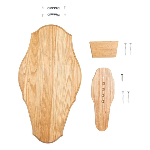 Dope Solid Oak Skull Display Kit For Table Or Wall Mount, Reversible Euro Style Display Shelf components and hardware shown