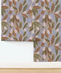 Hand Drawn Botanical Wallpaper With Slick Matte Linen Finish Top Shelf Durable Wall Covering Hella Easy To Install Legit Pvc Free Paste To Paper Decor For Kitchens And Hallways, featuring brown leaves and purple floral patterns.