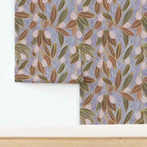 Hand Drawn Botanical Wallpaper With Slick Matte Linen Finish Top Shelf Durable Wall Covering Hella Easy To Install Legit Pvc Free Paste To Paper Decor For Kitchens And Hallways, featuring brown leaves and purple floral patterns.