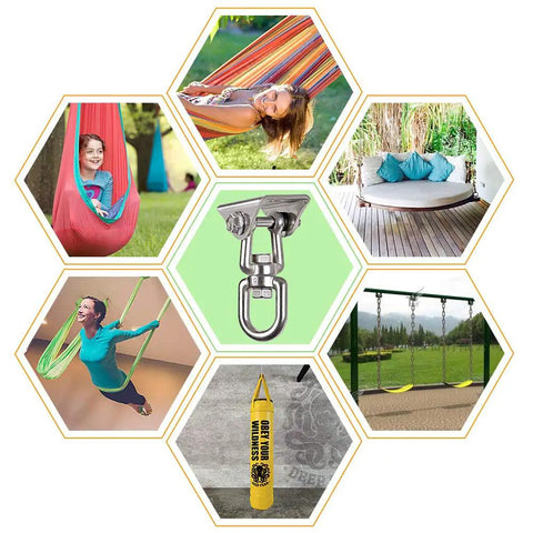 Heavy Duty 360 Degree Swivel Hanger Built Tough As Nails From Rustproof Stainless Steel Ceiling Bracket Supporting Up To 1000 Pounds in action with hammocks and swings.