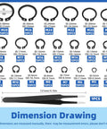 Diagram of 266 Piece 21 Sizes C Clip External Retaining Rings Set With Tweezer 65Mn Steel Snap Ring Kit For Axles Shafts And Moving Parts Pro Grade Heavy Duty Circlip Assortment For Shop And Automotive showing C-clip sizes and tweezer