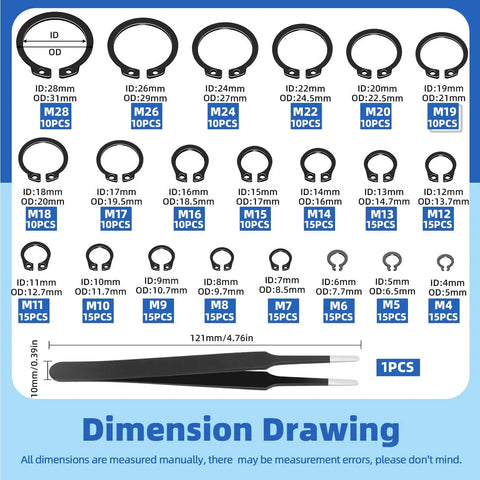 Diagram of 266 Piece 21 Sizes C Clip External Retaining Rings Set With Tweezer 65Mn Steel Snap Ring Kit For Axles Shafts And Moving Parts Pro Grade Heavy Duty Circlip Assortment For Shop And Automotive showing C-clip sizes and tweezer