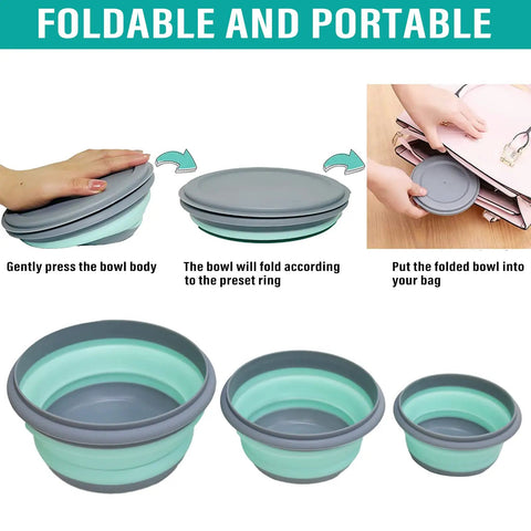 Collapsible Silicone Bowls Set Of 3 With Lids BPA Free Food Grade Camping Dinnerware For Travel Picnic And Lunch shown folded