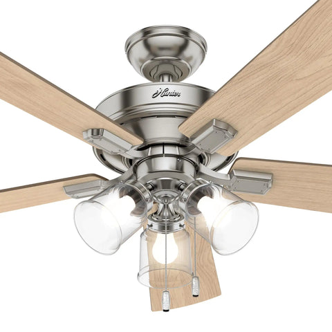 Close-up of Big 52 Inch Indoor Ceiling Fan With LED Lights And Pull Chain Standard Mount 5 Blades 3 Inch Downrod Brushed Nickel Finish