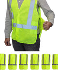 High Visibility Reflective Safety Vest For Men And Women ANSI ISEA Class 2 Neon Yellow Mesh Vest worn by a person, reflective strips visible
