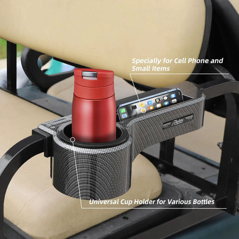 Golf Cart Rear Seat Armrests with cup holder and phone mount on square tube frame, no drilling required for EZGO, Club Car, Yamaha