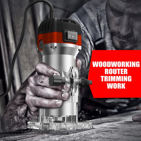 Powerful Wood Router Tool For Home Shop Pros 1.25HP Handheld Corded Palm Router in use for woodworking trimming work
