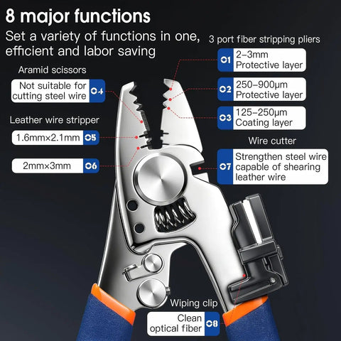 8 In 1 Fiber Optic Stripper Tool For FTTH Telecom Wires All In One Workhorse Cable Stripping Cutter For 2mm By 3mm Regular Fiber And 1.6mm By 2.1mm 5G Fiber Lightweight Durable Pliers, chrome plier tool with 8 functions and fiber stripping sizes