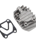 Oil-Free Silent Cast Aluminum Air Compressor Cylinder Head Replacement Part with gasket, gray, durable heat dissipation design.