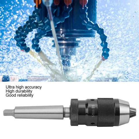 Self Tightening Lathe Drill Chuck 16mm B18 with MT3 Connecting Rod in operation, metalworking machine close-up view