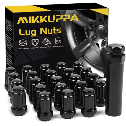 Jeep Lug Nut Replacement Kit 23Pcs 1/2-20 For Wrangler JK Liberty Grand Cherokee Black Closed End Lug Nuts With 17mm Hex Socket Key And 3 Spare For Your Tire shown with packaging.