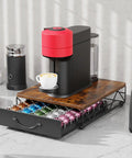 Vertuo Pod Holder And Organizer For Nespresso VertuoLine Rustic Brown Wood Top with mesh shelves and sliding drawer on countertop