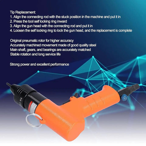 High Speed Pneumatic Air Rivnut Gun At 1500 RPM For Quick Self-Locking M3 M4 Installation, orange and black alloy tool