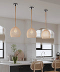 Natural Rattan Pendant Light For Kitchen Island With Woven Rope Shade Hanging Above Kitchen Island