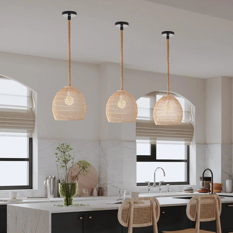 Natural Rattan Pendant Light For Kitchen Island With Woven Rope Shade Hanging Above Kitchen Island