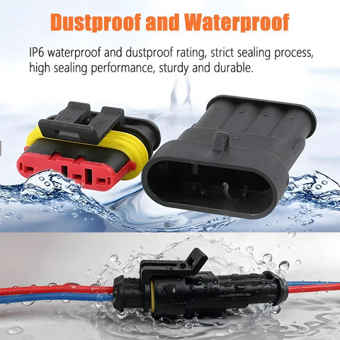 Weather Pack Connector Kit With Ratchet Crimping Tool for Automotive, Motorcycle and Boat Wiring; waterproof connectors in use.