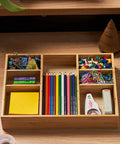 Bamboo Desk Drawer Organizer With Adjustable Dividers for Office and Vanity, organizing stationery on a desk, 12 by 9 inches.