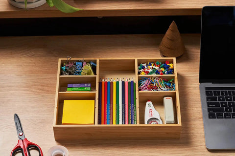 Bamboo Desk Drawer Organizer With Adjustable Dividers for Office and Vanity, organizing stationery on a desk, 12 by 9 inches.