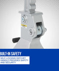 Close-up of self-locking ratchet handle on Beefy Aluminum Jack Stands Pair For Heavy Duty Lifts, 12,000 Pound Total Capacity