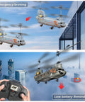 Remote Control Helicopter For Kids And Military Fans With Altitude Hold And One Key Takeoff And Landing LED Lights flying near city buildings.
