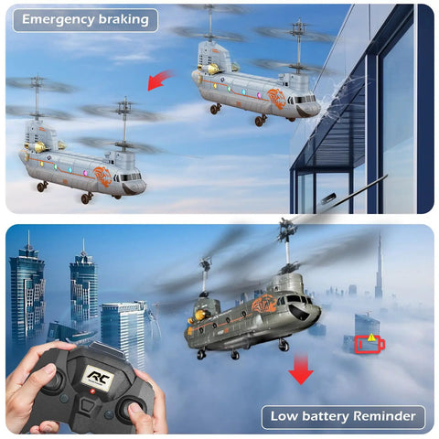 Remote Control Helicopter For Kids And Military Fans With Altitude Hold And One Key Takeoff And Landing LED Lights flying near city buildings.