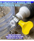 Close-up of the No Sweat Manual Car Fluid Siphon Pump, featuring clear PVC tubing and yellow valve for fuel transfer.