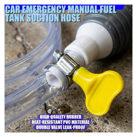 Close-up of the No Sweat Manual Car Fluid Siphon Pump, featuring clear PVC tubing and yellow valve for fuel transfer.